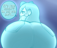 drawing color long_hair butt jeans blue_hair low_angle ghost pants sheela monster_girl point_of_view looking_back looking_at_viewer dialogue behind_view melanie_mimp