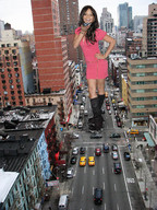 giantess collage city traffic buildings smiling wonderslug dress boots skyscraper streets vehicle_crush christina_milian cracked_pavement