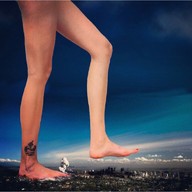 collage city mega destruction barefoot legs skyscrapers sky tattoo raised_foot imminent_crush