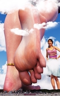 city mega destruction toes barefoot soles skyscraper giantesses clouds sky toe_ring ankle_bracelet point_of_view digital_render