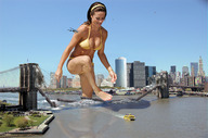breasts giantess collage city swimsuit destruction barefoot rampage cleavage water helicopter wet brunette wonderslug skyscraper boats pedicure new_york_city brooklyn_bridge