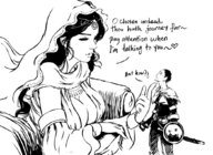 drawing gentle giantess monochrome black_hair long_hair clothed sword cleavage finger knight dress standing touching dialogue shield dark_souls veil gwynevere evilapai lounge