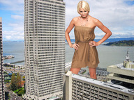 giantess collage city blonde water buildings wonderslug dress short_hair looking_down skyscraper bay clouds sky