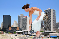 giantess collage feet city destruction high_heels brunette wonderslug dress bending_over skyscraper sky white_dress earrings bracelet kate_beckinsale cracked_pavement