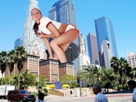 giantess collage city mega brunette low_angle wonderslug skyscraper los_angeles sky looking_at_viewer cali_logan street_view holding_vehicle