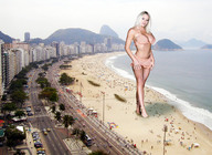 giantess collage blonde beach barefoot cleavage ocean buildings wonderslug foot_print sand streets looking_at_viewer beach_goers