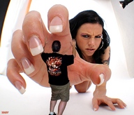 collage black_hair unknown_artist shrunken_men kneeling hand shrunken_man grabbing tattoo manicure looking_at_tiny