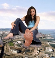 collage city black_hair bridge destruction clothed toes barefoot ocean buildings soles blood sky looking_at_viewer indiangiantess