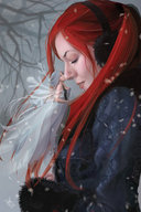 drawing gentle size_difference fairy red_hair shrunken_woman snow