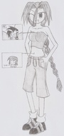 drawing giantess monochrome smiling navel shorts braid zoom nick01kang between_breasts