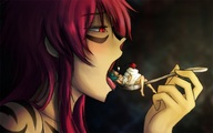 drawing nude vore color giant red_eyes green_hair red_hair cream spoon cherry tattoo mirthspindle anon mori the_law_of_ueki