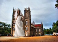 giantess collage small_man handheld brunette wedding_dress outdoors sky wedding church groom zed782