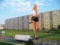 giantess collage blonde cleavage high_heels buildings legs grass streets sky looking_at_viewer vehicle_crush zed782