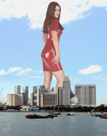 collage city mega destruction brunette smiling wonderslug dress skyscraper clouds sky waterfront