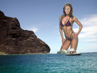 breasts giantess collage mega swimsuit cleavage ocean brunette smiling wonderslug boats sky looking_at_viewer hands_on_hips cliff wading