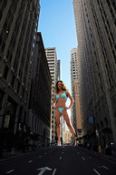 giantess collage city swimsuit brunette smiling wonderslug streets looking_at_viewer between_buildings street_view