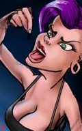 giantess micro vore large_breasts cleavage green_eyes purple_hair dangle top peterparkerlawl looking_at_tiny