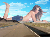 collage landscape desert wonderslug lying_down boots highway sky mega_giantess looking_at_viewer