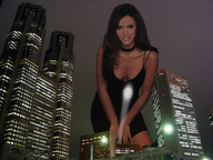 breasts giantess collage city mega cleavage buildings brunette smiling wonderslug dress looking_down night sky point_of_view city_lights spotlight