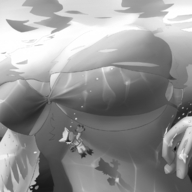 bikini drawing giantess micro furry macro anthro monochrome large_breasts swimsuit cleavage water ocean low_angle underwater ducky shadow reaching swimming goggles scuba scuba_diver bare_midriff