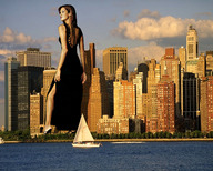 collage city mega brunette wonderslug dress skyscrapers sky sunset sailboat waterfront