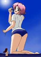 drawing giantess color swimsuit handheld ocean pink_hair sun shorts dangle sky shirt source_needed sharks