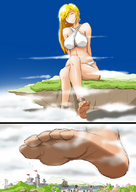 drawing feet giga blonde color swimsuit barefoot soles castle people clouds sky floating_islands ankle_bracelet ships imminent_crush bikuta