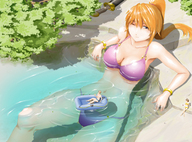 drawing giantess color swimsuit sword water couple red_hair lake boats trees looking_at_viewer relaxing above_view raft bikuta