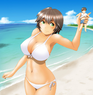 bikini drawing giantess color large_breasts swimsuit beach handheld cleavage ocean anime green_eyes brunette short_hair shrunken_man held_up bikuta