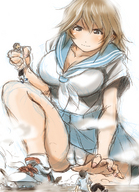 drawing giantess upskirt color handheld huge_breasts uniform sketch sneakers reaching_hand bikuta looking_at_tiny