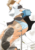 breasts drawing giantess panties mega upskirt color buildings brunette uniform running smoke power_lines tripping bikuta toast