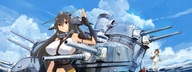 giantess water ocean red_eyes brunette boats clouds sky battleship ships guns cannons 野上武志 turrets