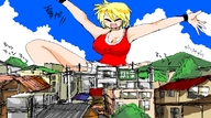 giantess blushing blonde color huge_breasts sitting town sketch laughing mountains clouds sky bakugeki_no_g stretching_arms