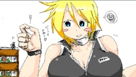 giantess blonde color blue_eyes cleavage buildings unzipped zipper bakugeki_no_g planet_(bakugeki_no_g)