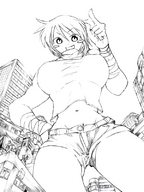 drawing giantess monochrome bakugeki_no_g planet_(bakugeki_no_g)