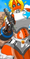 city mega blonde color robot destruction blue_eyes handheld train shorts hand_crush bakugeki_no_g orange_skin