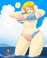 mega blonde color swimsuit blue_eyes bath ocean huge_breasts surprised muscles aircraft_carrier bakugeki_no_g planet_(bakugeki_no_g) breasts drawing cleavage thighs flag_bra
