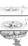 drawing giantess feet comic monochrome barefoot foot_print imminent_crush bakugeki_no_g giant_sparring planet_(bakugeki_no_g)