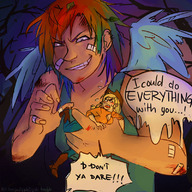 drawing color handheld story shrunken_woman my_little_pony rainbow_dash applejack looking_at_tiny humanized_pony