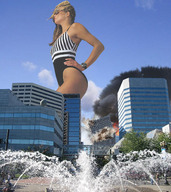 giantess collage city blonde water buildings wonderslug fire walking sunglasses smoke sky fountain