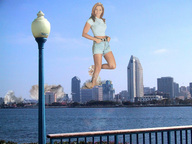 collage city mega destruction high_heels wonderslug skyscraper sky looking_at_viewer waterfront