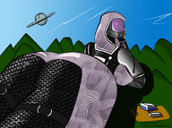 drawing giantess giga alien space color butt clothed planet buildings lying_down tali mountains mask outdoors sky looking_back looking_at_viewer hood mass_effect full_suit talizorah quarian fez4 0nlyafleshwound