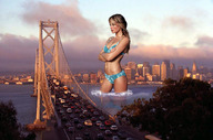 breasts giantess collage city mega blonde swimsuit bridge water wonderslug skyscraper bay vehicles sunset wading michelle_behennah