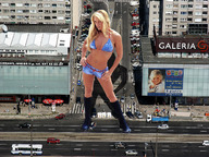 giantess collage city blonde long_hair destruction traffic wonderslug boots navel belly shorts bus standing streets vehicles looking_at_viewer hands_on_hips navel_ring