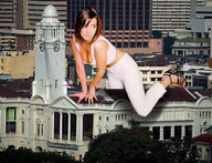 giantess collage city cleavage buildings brunette wonderslug sandals outdoors looking_into_distance
