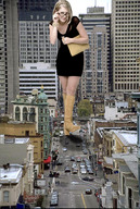 giantess collage city blonde buildings glasses wonderslug dress boots walking streets vehicles looking_at_viewer melissa_joan_hart