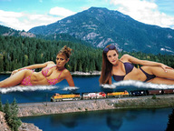 breasts giantess collage mega blonde swimsuit cleavage brunette train wonderslug mountains giantesses lake outdoors trees looking_at_viewer