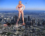 collage landscape city mega blonde swimsuit destruction cleavage military wonderslug fire jets skyscraper missiles looking_at_viewer