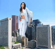 giantess collage city destruction brunette wonderslug leaning looking_at_viewer makeup