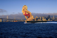 breasts giantess collage city mega blonde swimsuit bridge water smiling wonderslug lake ships hands_on_hips ferry